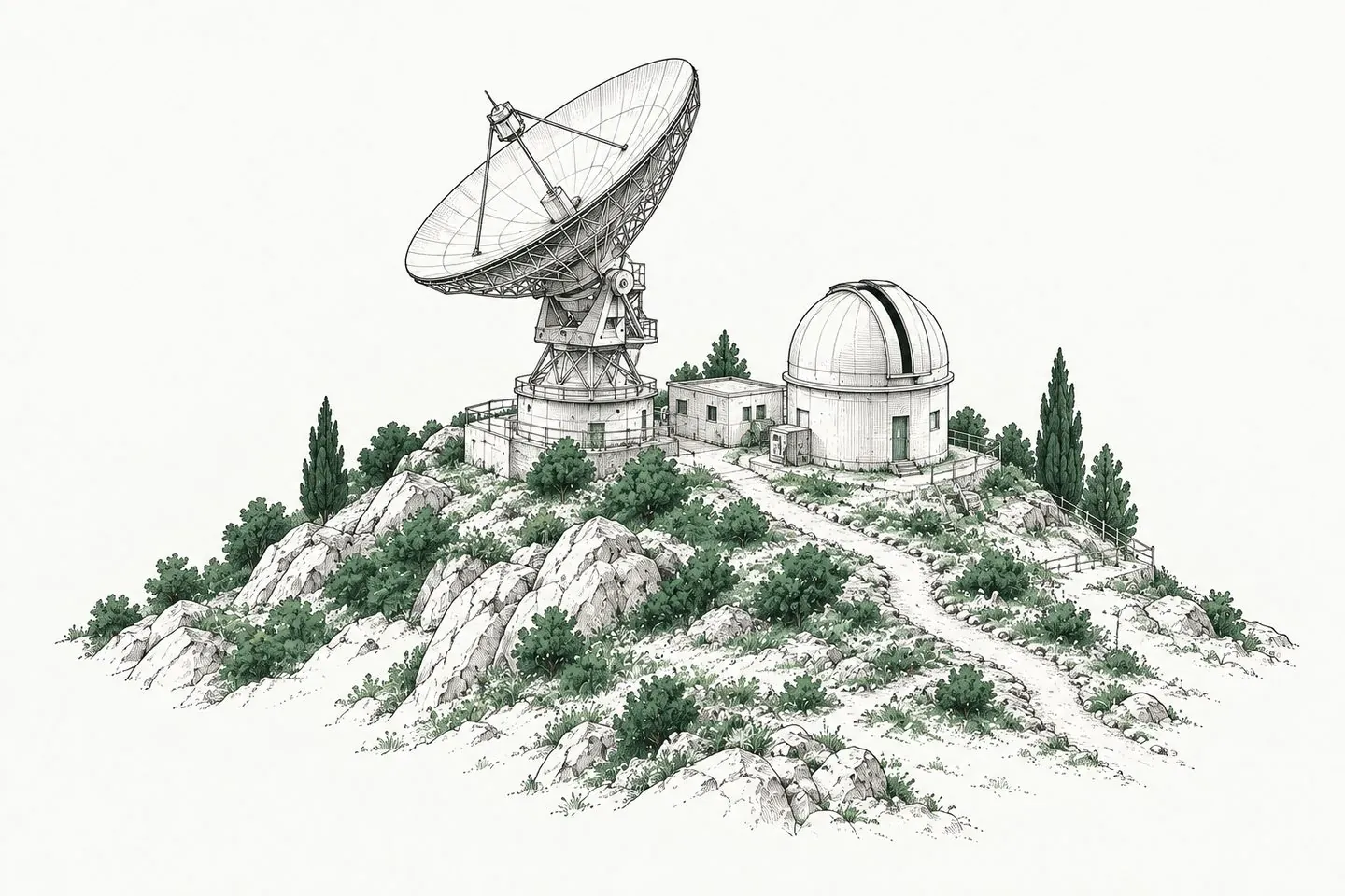 Um desenho a nanquim de uma estação de observatório no alto de uma colina, com antena e cúpula, arbustos verdes pela encosta